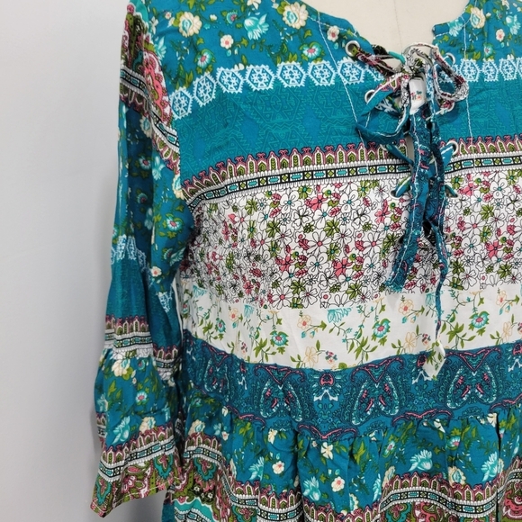 Mokingtop Women's Bohemian Floral  V-neck tied up 3/4 Bell Sleeve Dress M - Picture 4 of 11